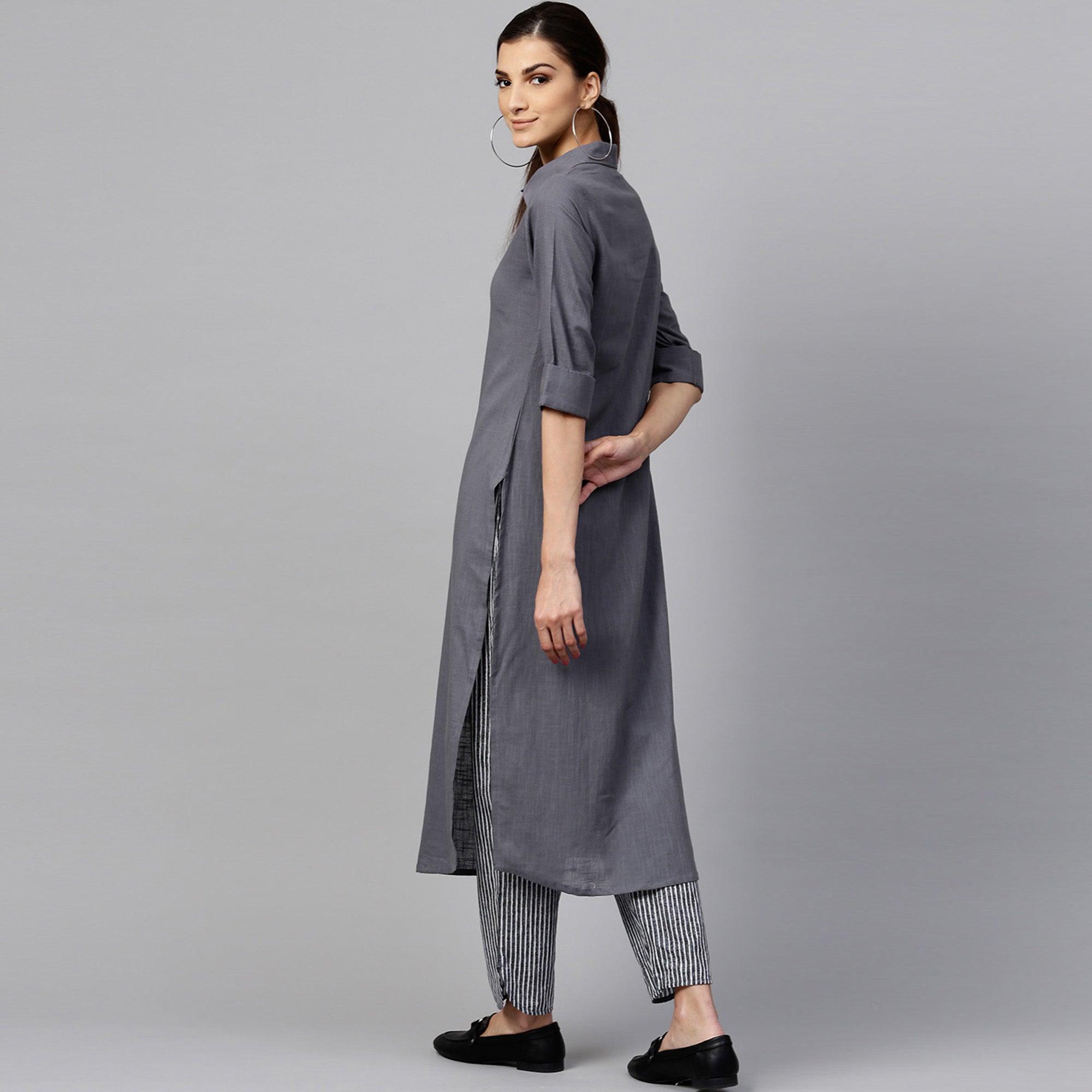 Desirable Dark Gray Colored Casual Wear Cotton Kurti And Bottom Set - Peachmode