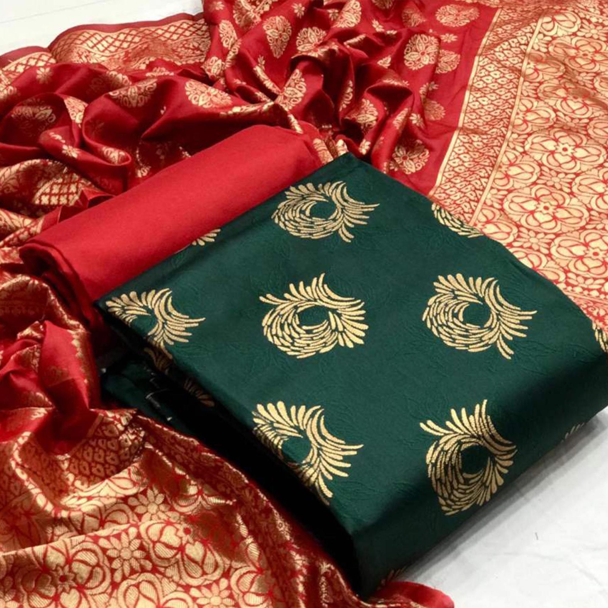 Desirable Dark Green Colored Casual Wear Banarasi Silk Dress Material - Peachmode
