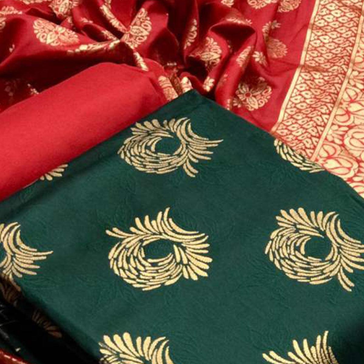 Desirable Dark Green Colored Casual Wear Banarasi Silk Dress Material - Peachmode