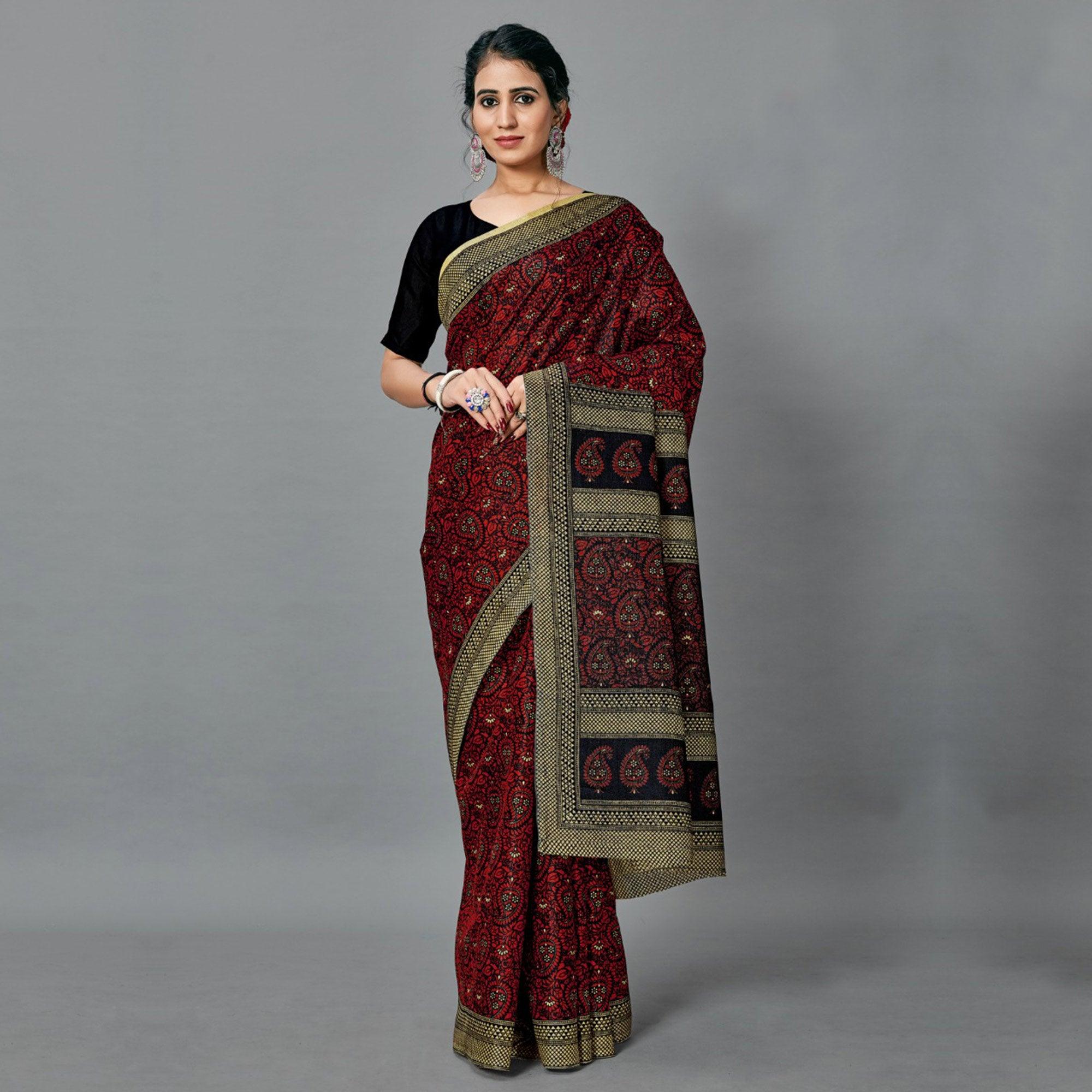 Desirable Dark Maroon Colored Casual Wear Printed Art Silk Saree - Peachmode