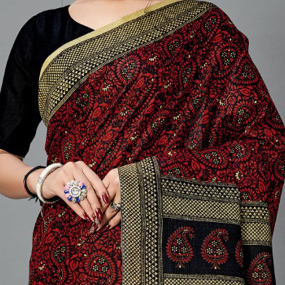 Desirable Dark Maroon Colored Casual Wear Printed Art Silk Saree - Peachmode