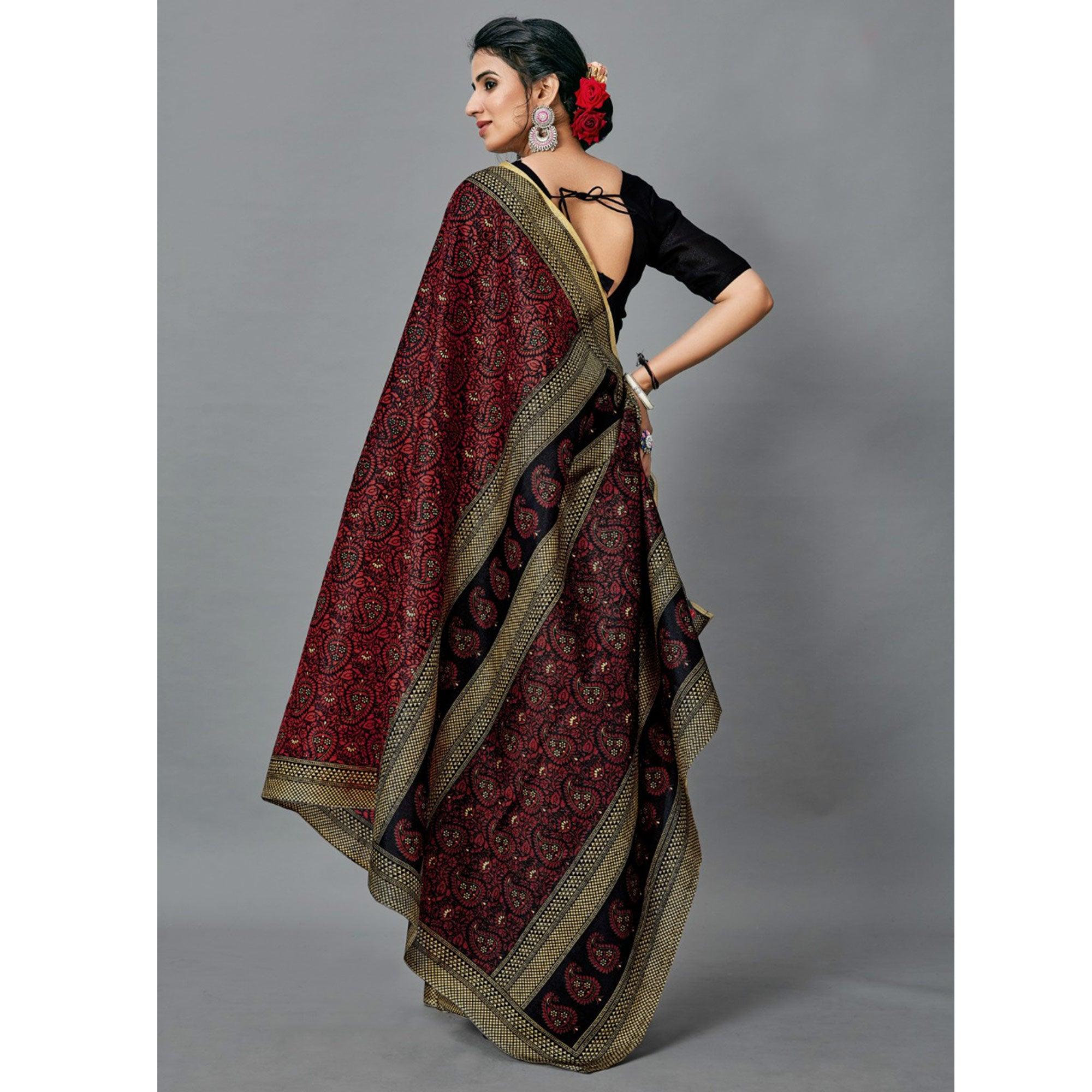 Desirable Dark Maroon Colored Casual Wear Printed Art Silk Saree - Peachmode