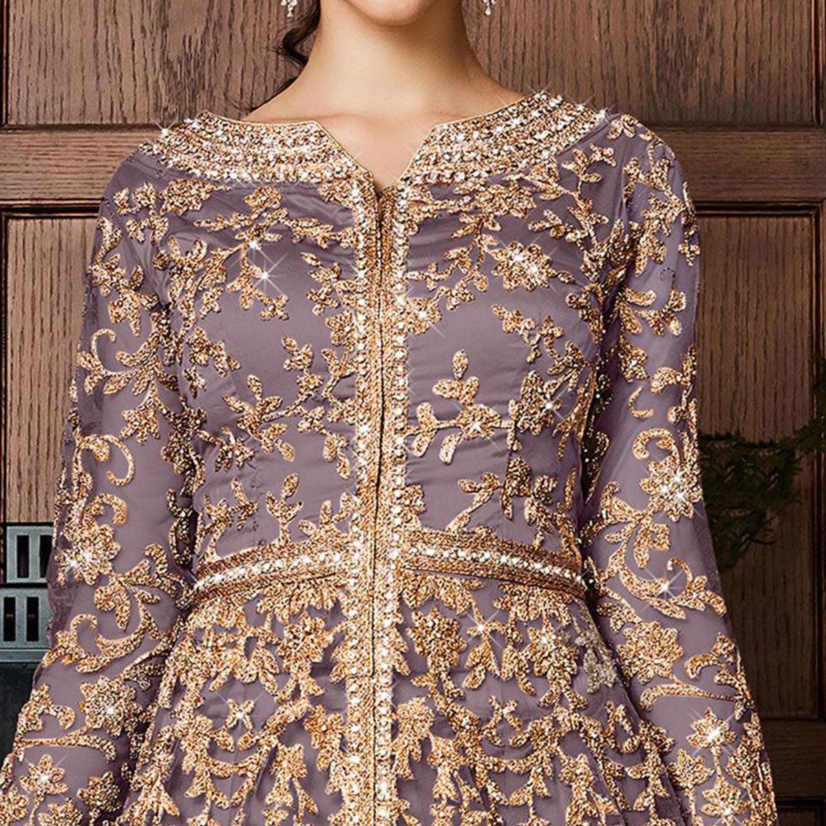 Desirable Dark Mauve Colored Partywear Embroidered Netted Anarkali Suit - Peachmode