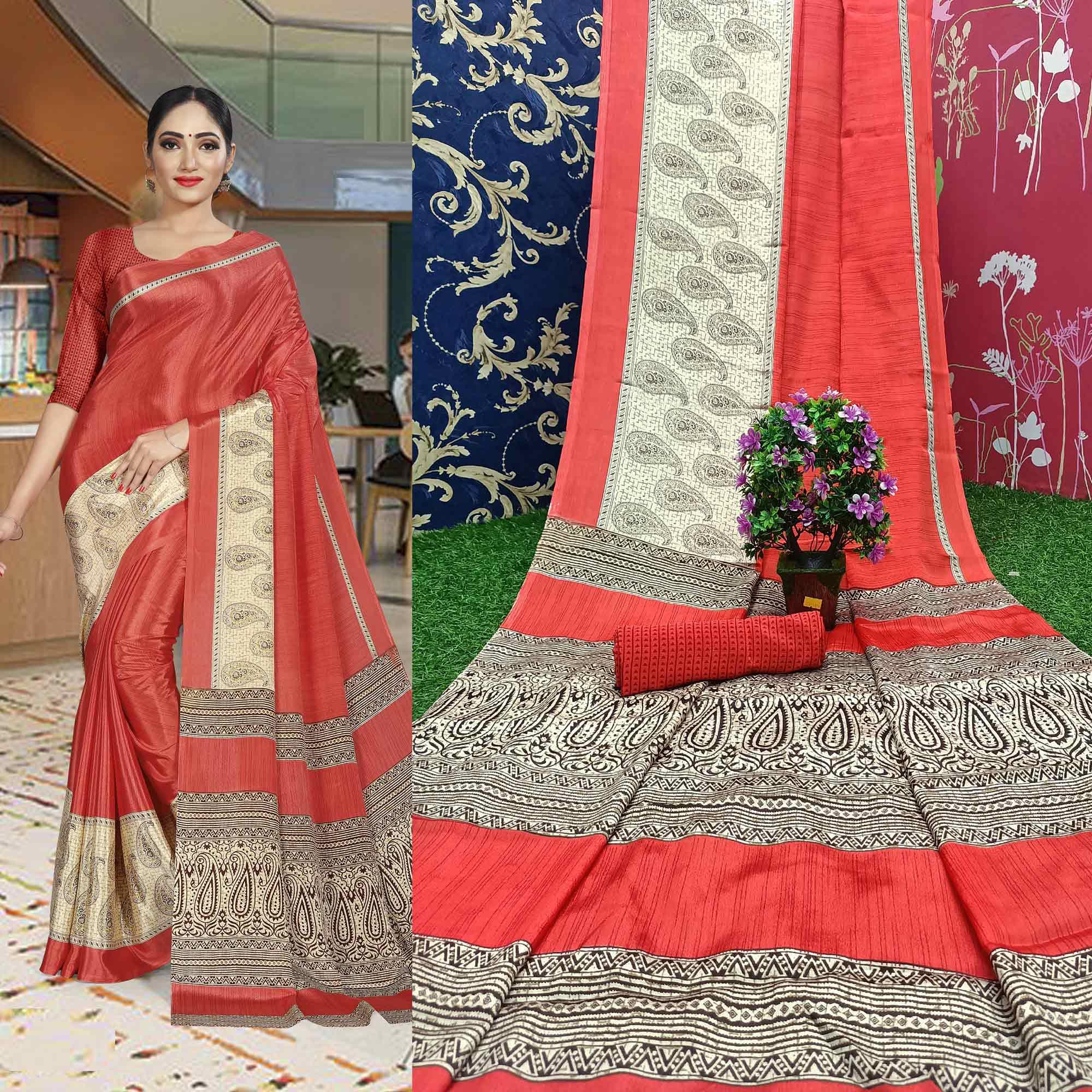 Desirable Dark Peach Colored Casual Wear Printed Crepe Saree - Peachmode