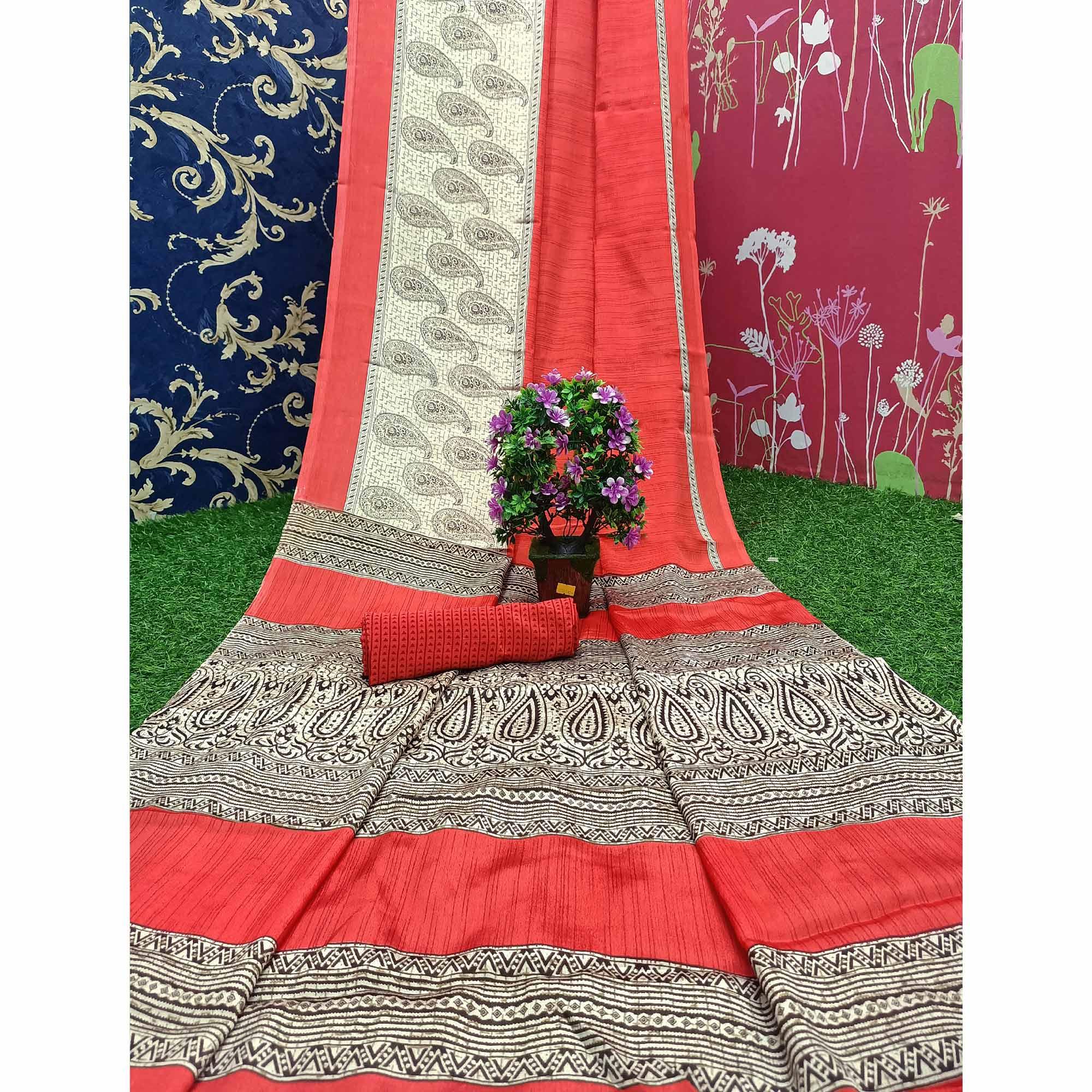 Desirable Dark Peach Colored Casual Wear Printed Crepe Saree - Peachmode
