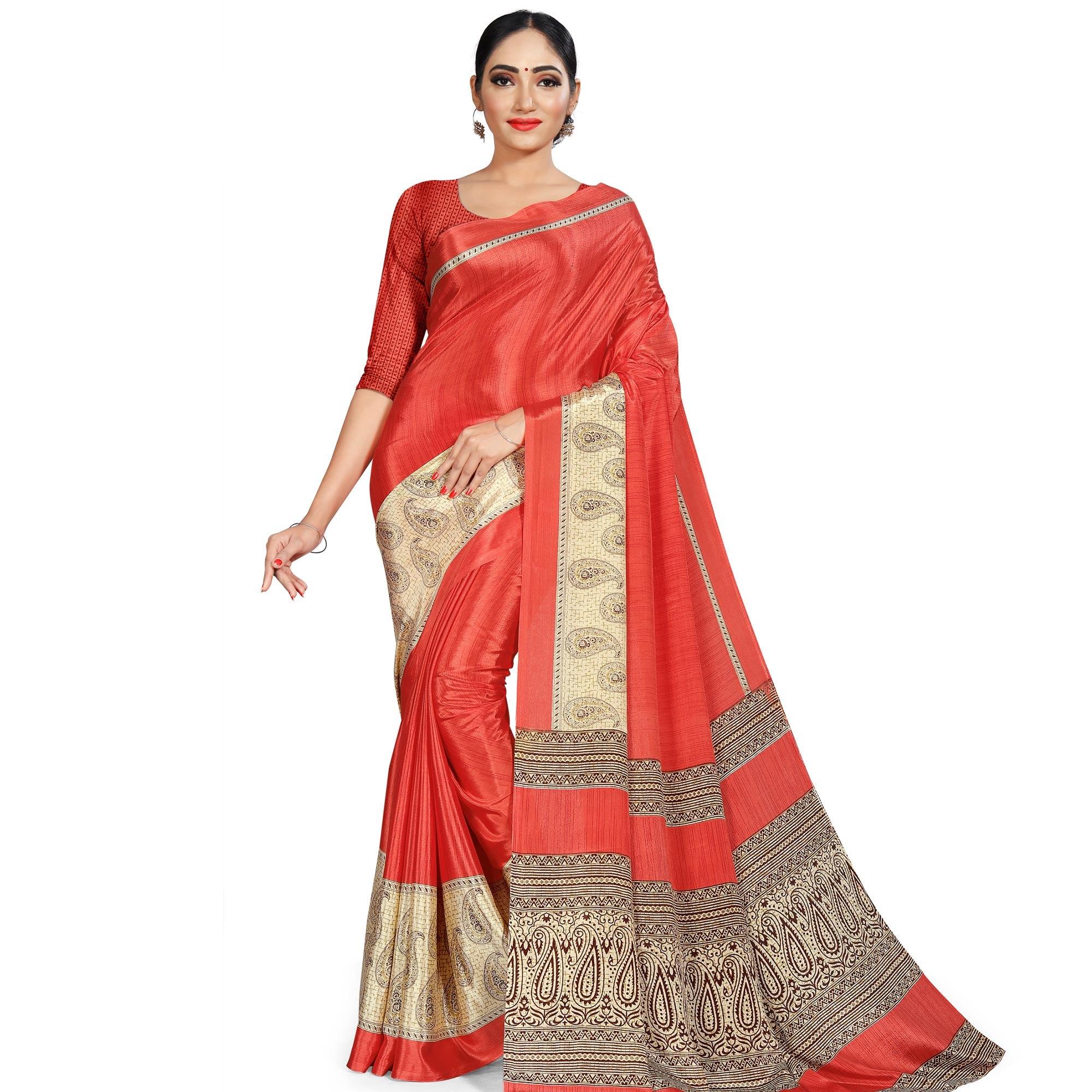 Desirable Dark Peach Colored Casual Wear Printed Crepe Saree - Peachmode
