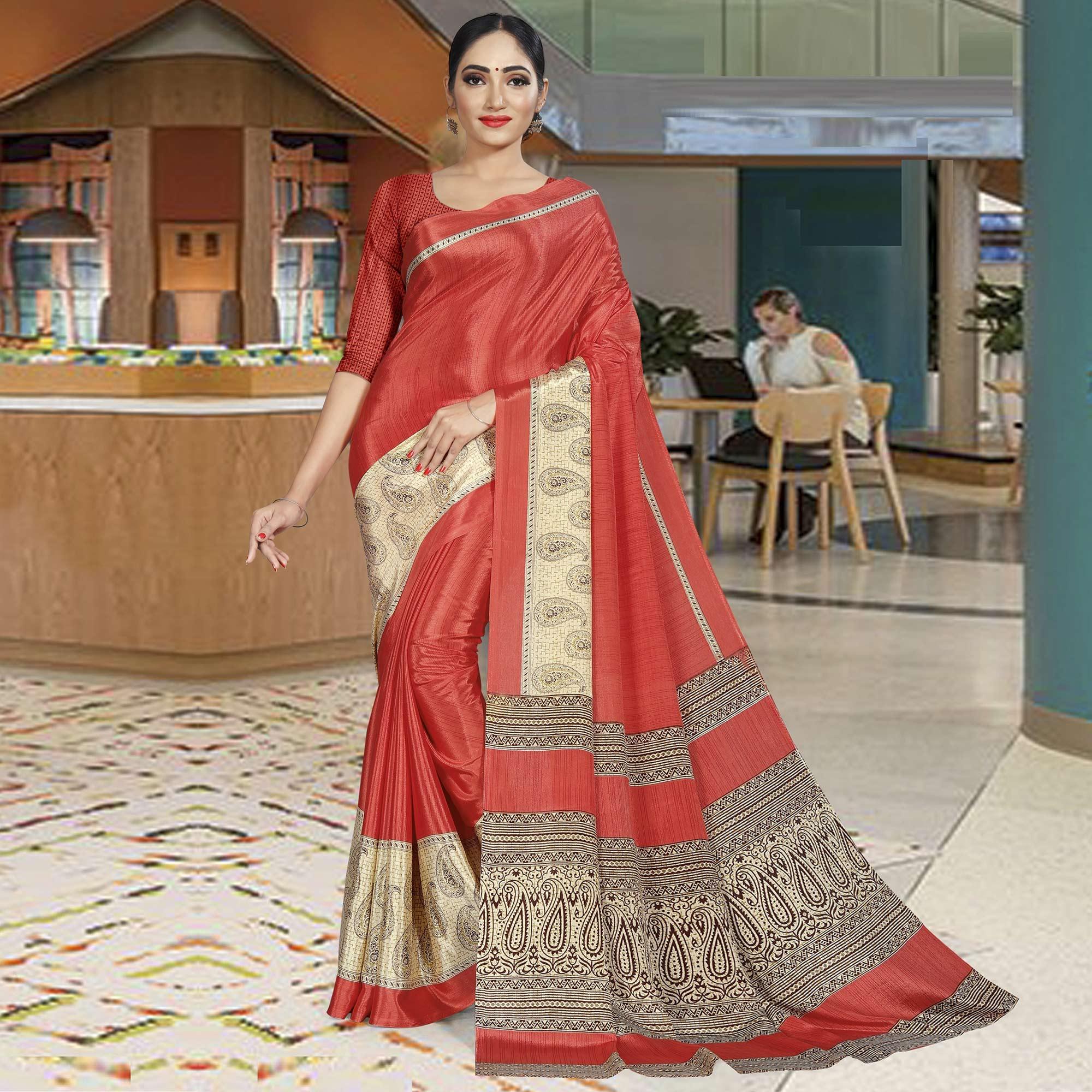 Desirable Dark Peach Colored Casual Wear Printed Crepe Saree - Peachmode