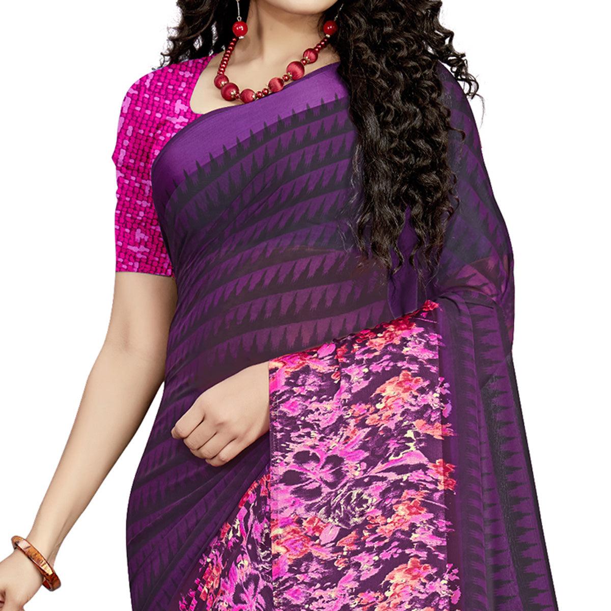 Desirable Dark Purple Colored Casual Wear Printed Georgette Saree - Peachmode