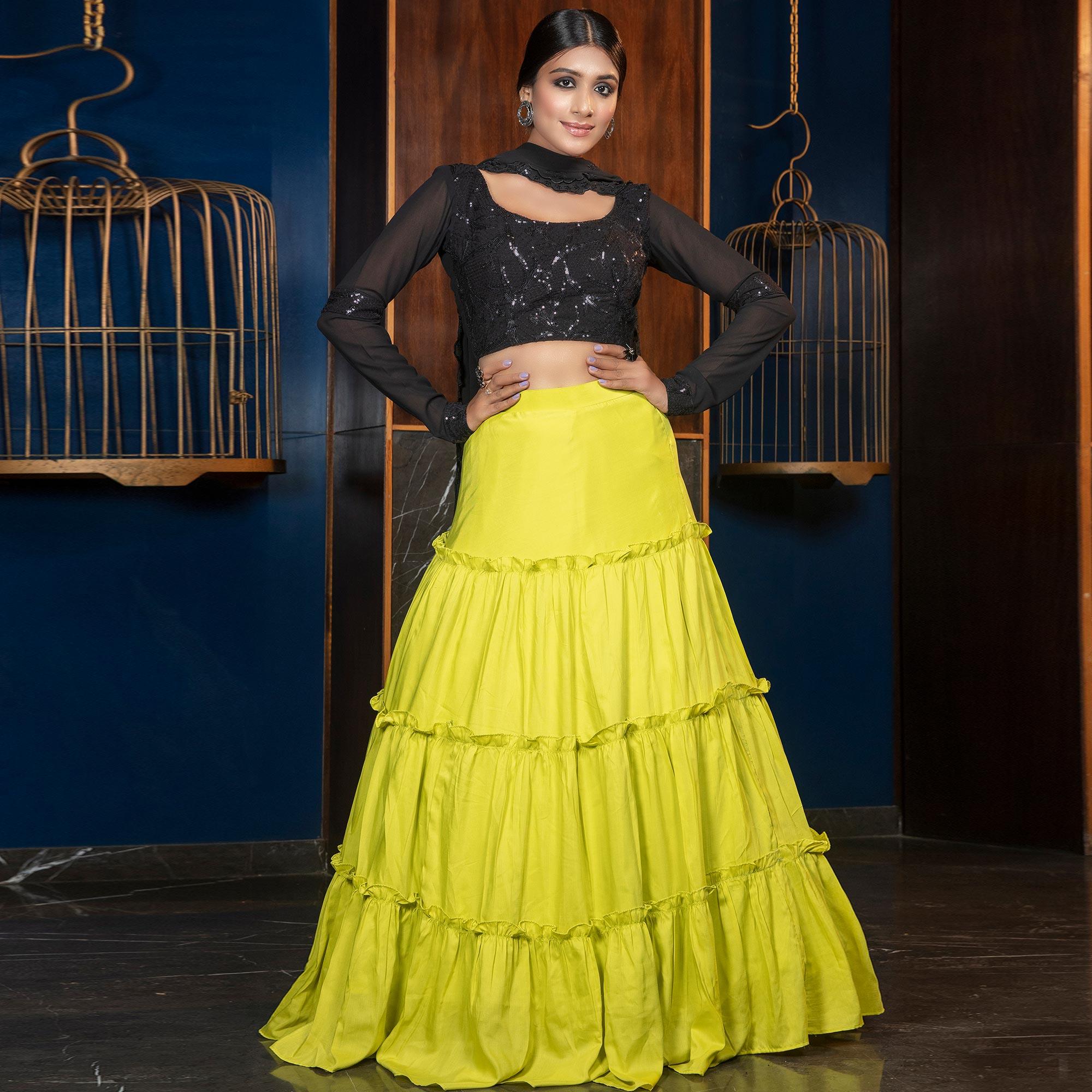 Desirable Florence Green - Black Colored Partywear Embroidered Muslin Cotton Lehenga Choli - Peachmode