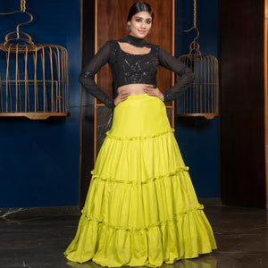 Desirable Florence Green - Black Colored Partywear Embroidered Muslin Cotton Lehenga Choli - Peachmode