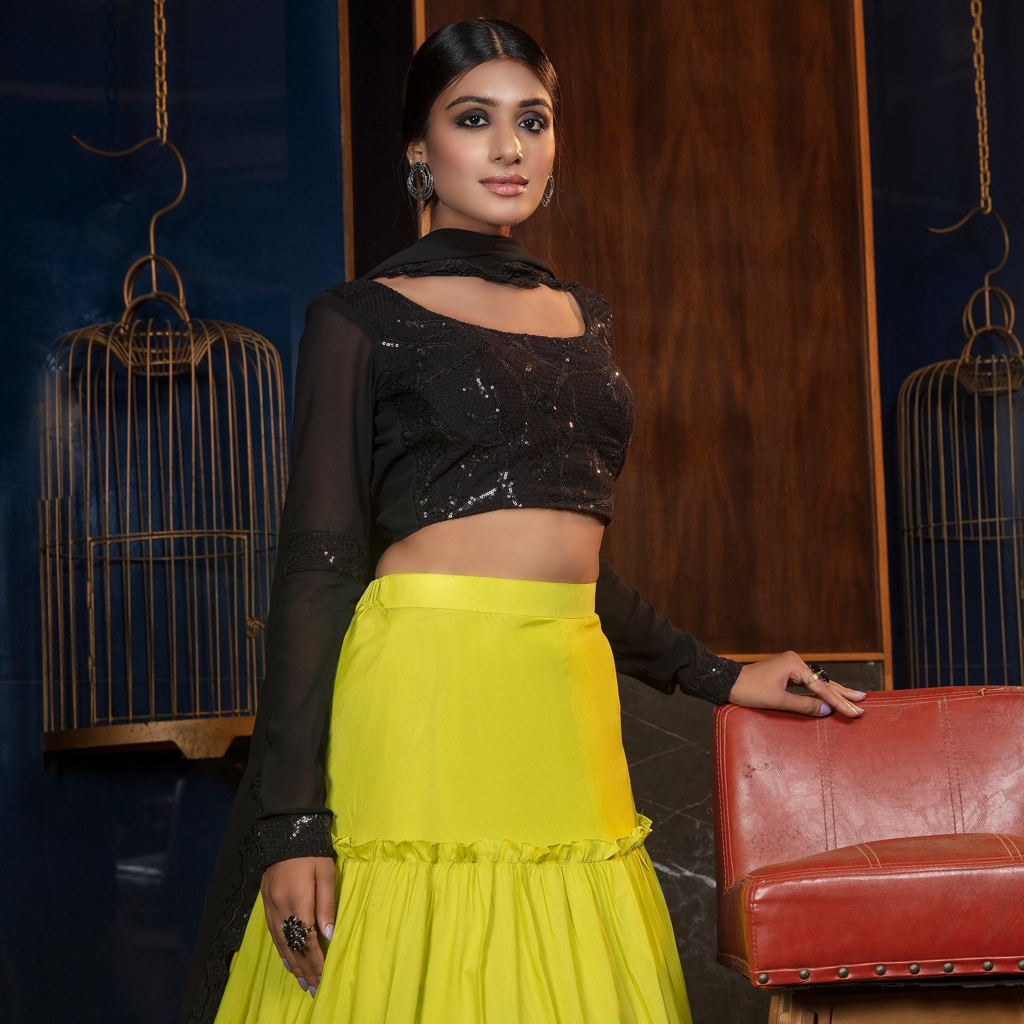 Desirable Florence Green - Black Colored Partywear Embroidered Muslin Cotton Lehenga Choli - Peachmode