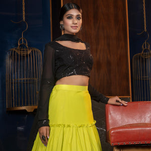 Desirable Florence Green - Black Colored Partywear Embroidered Muslin Cotton Lehenga Choli - Peachmode