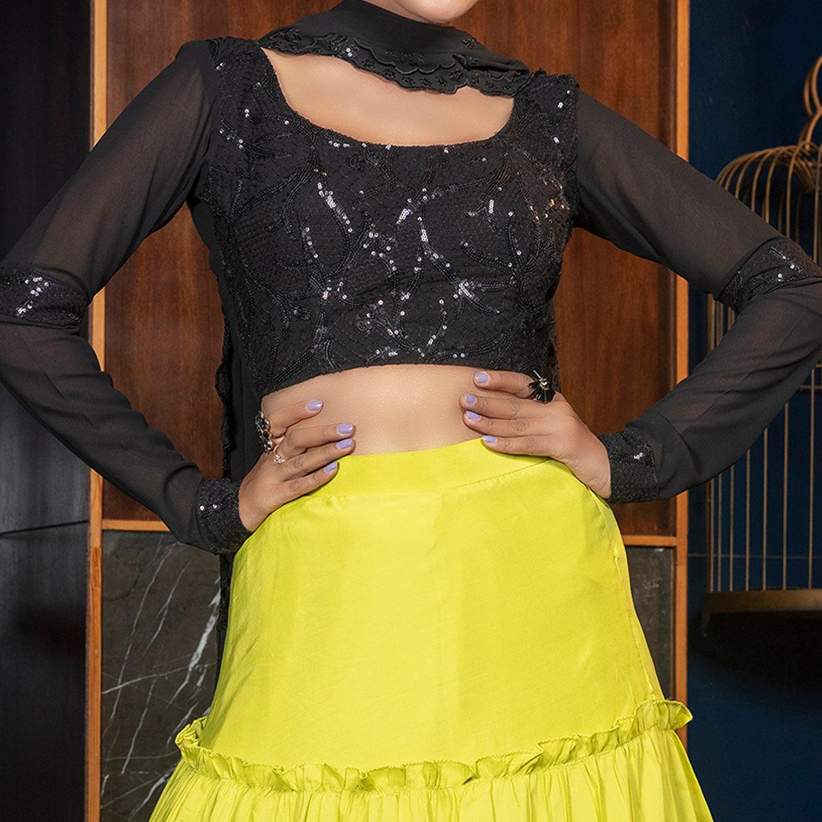 Desirable Florence Green - Black Colored Partywear Embroidered Muslin Cotton Lehenga Choli - Peachmode