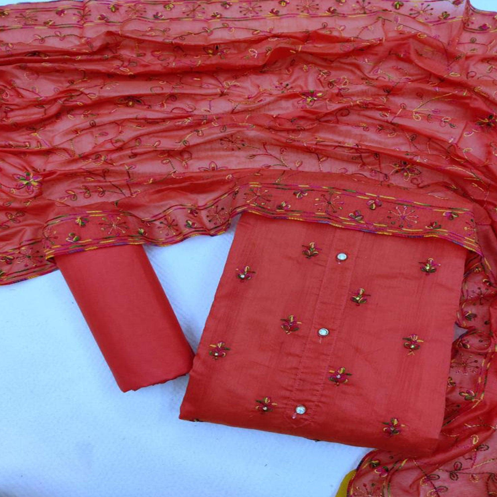 Desirable Gajari Colored Casual Wear Embroidered Chanderi Dress Material - Peachmode