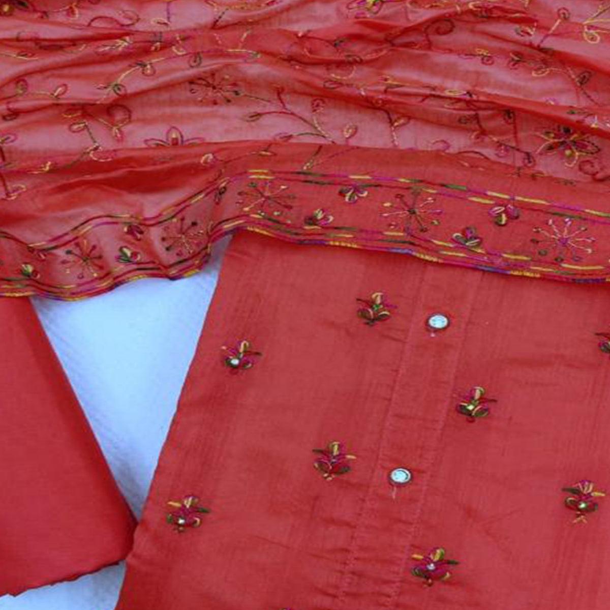 Desirable Gajari Colored Casual Wear Embroidered Chanderi Dress Material - Peachmode