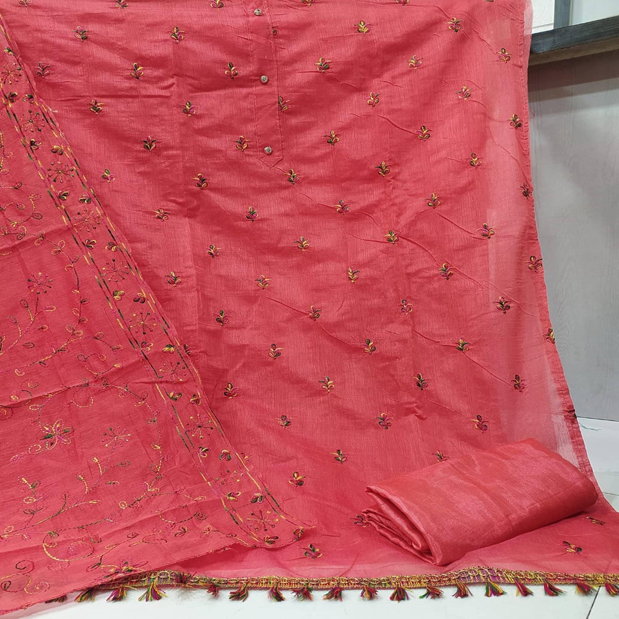 Desirable Gajari Colored Casual Wear Embroidered Chanderi Dress Material - Peachmode