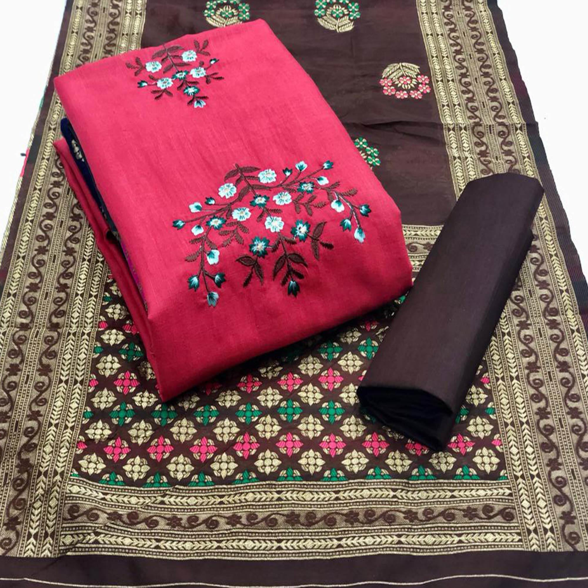 Desirable Gajari Colored Casual Wear Embroidered Cotton Dress Material - Peachmode