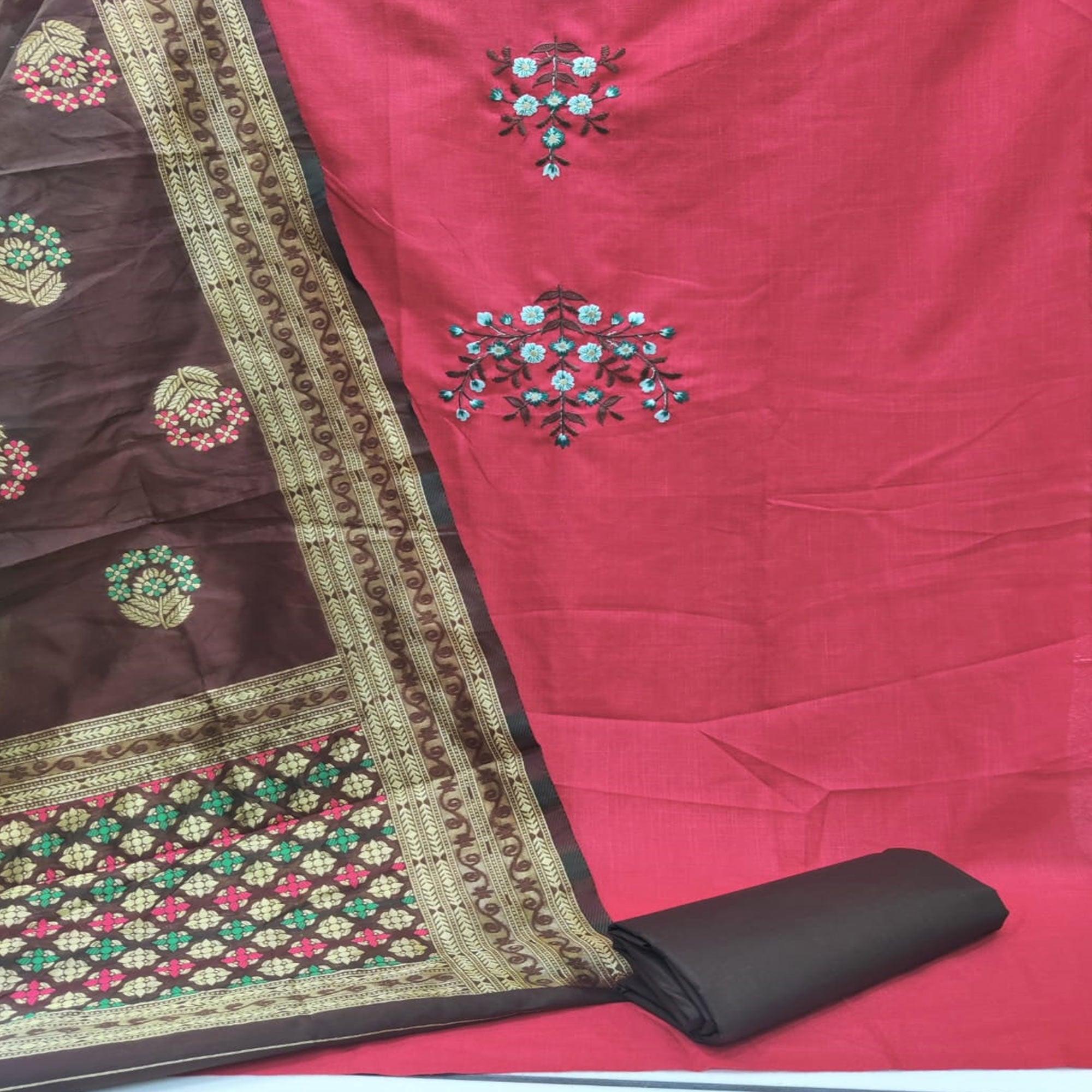 Desirable Gajari Colored Casual Wear Embroidered Cotton Dress Material - Peachmode