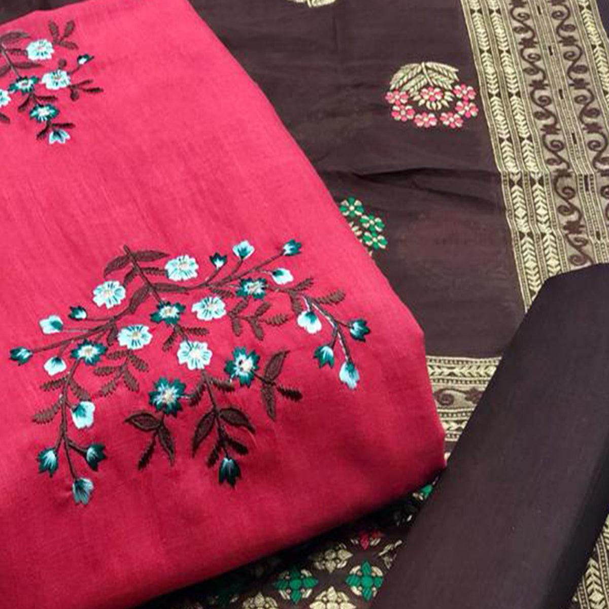 Desirable Gajari Colored Casual Wear Embroidered Cotton Dress Material - Peachmode