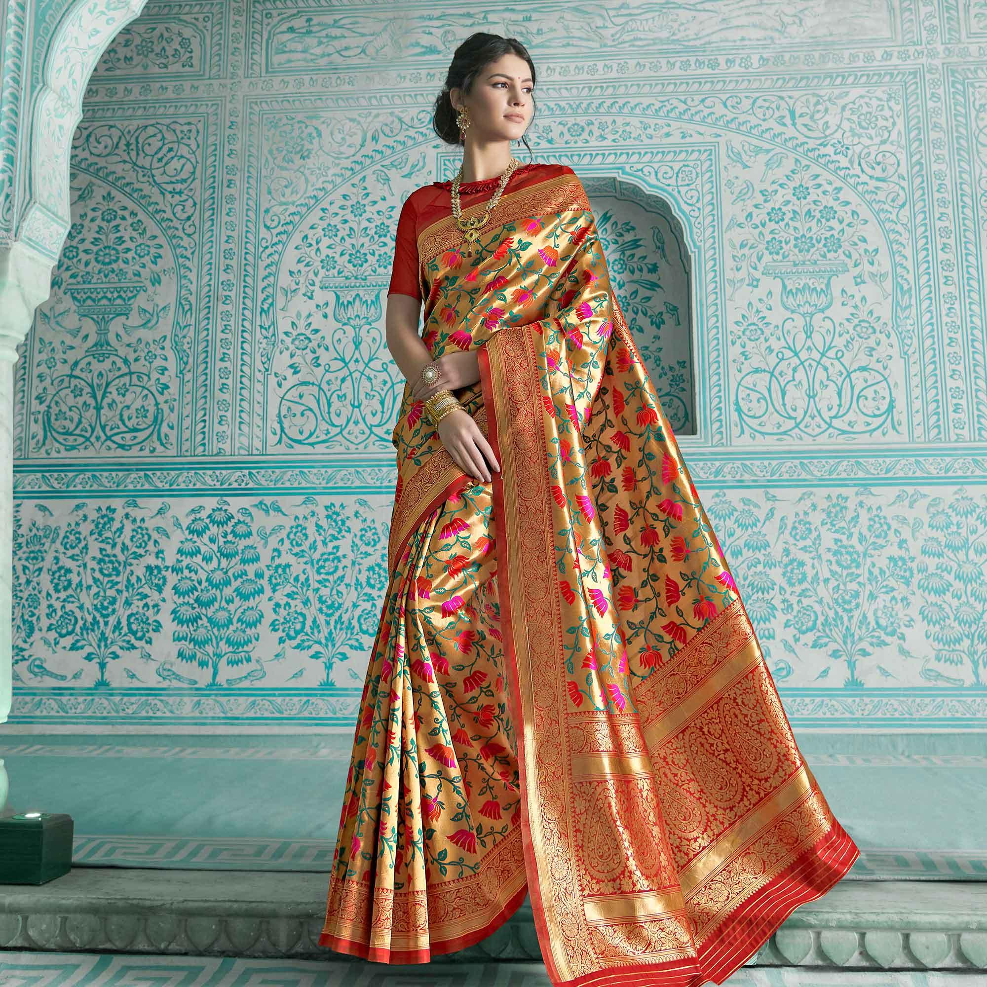 Desirable Golden-Orange Colored Festive Wear Woven Paithani Banarasi Silk Saree - Peachmode