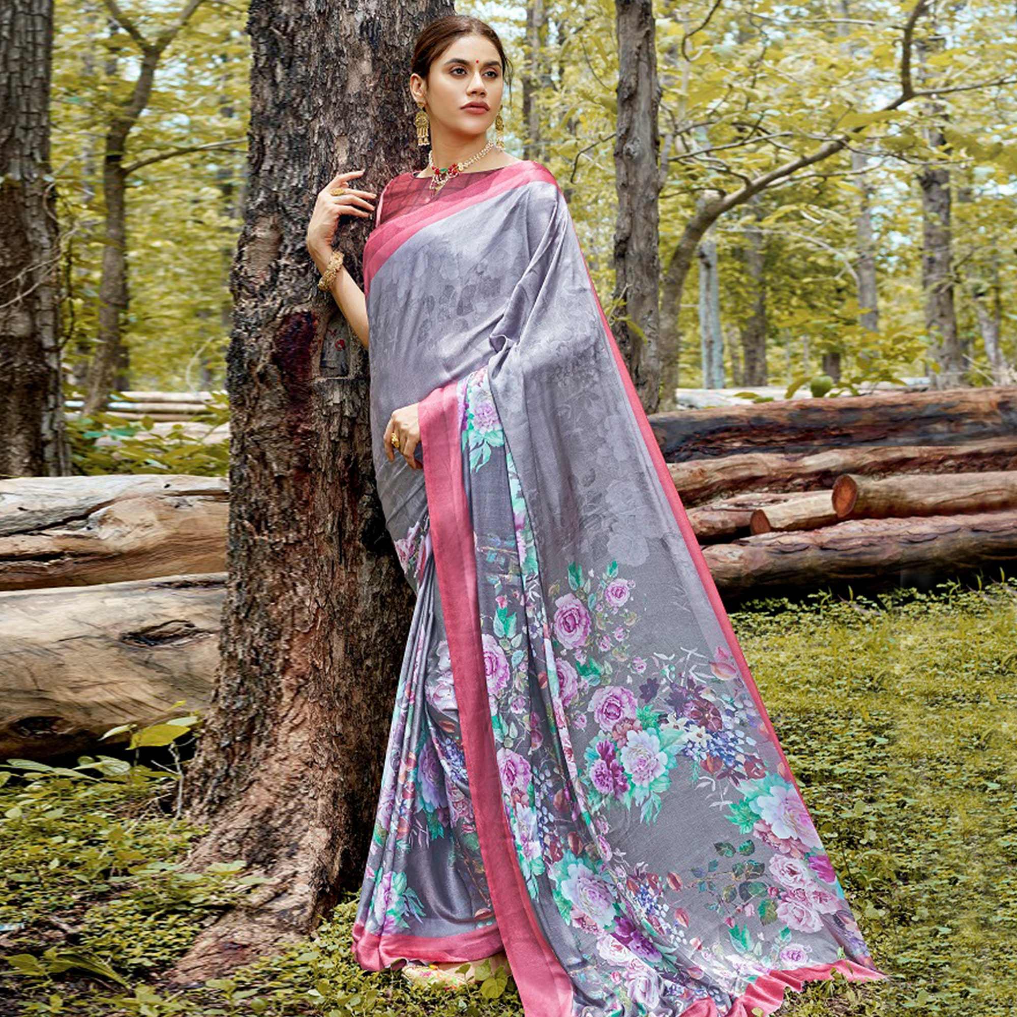 Desirable Gray Colored Casual Digital Printed Satin Crepe Saree - Peachmode