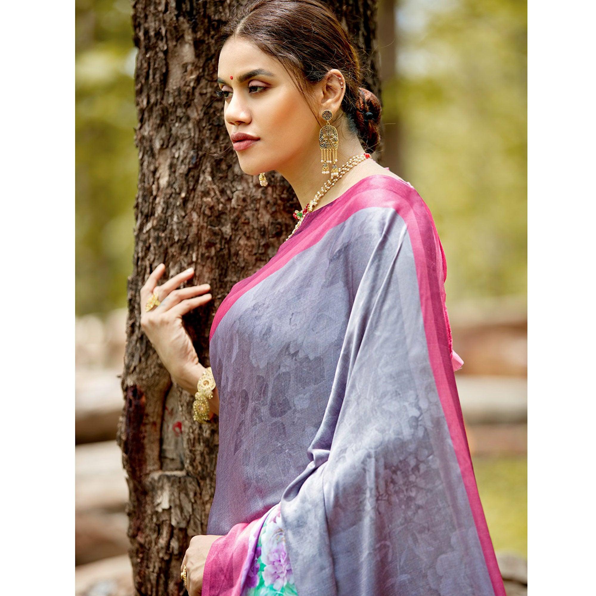 Desirable Gray Colored Casual Digital Printed Satin Crepe Saree - Peachmode