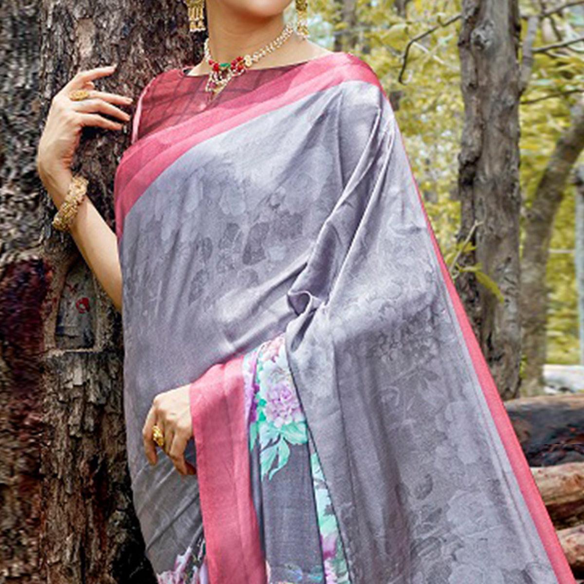 Desirable Gray Colored Casual Digital Printed Satin Crepe Saree - Peachmode