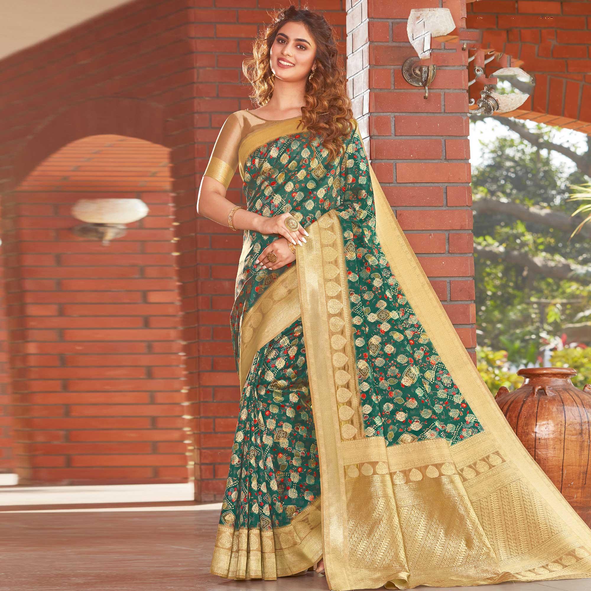 Desirable Green Colored Festive Wear Floral Digital Printed Silk Saree - Peachmode