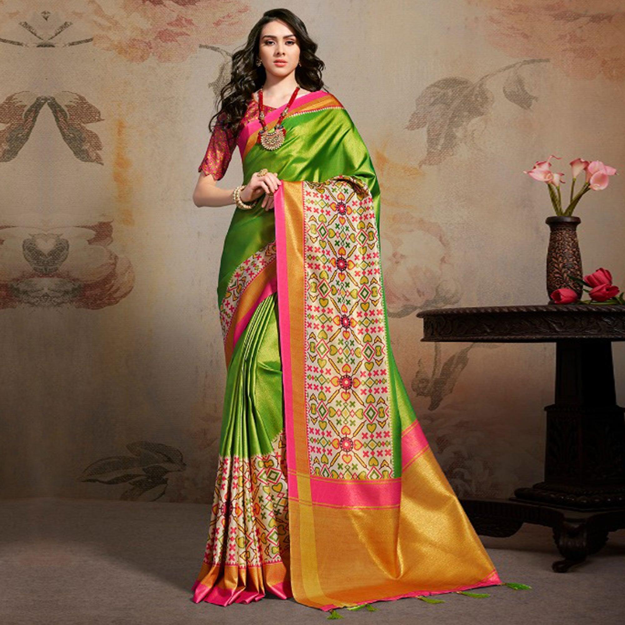Desirable Green Colored Festive Wear Printed Silk Blend Saree With Tassels - Peachmode
