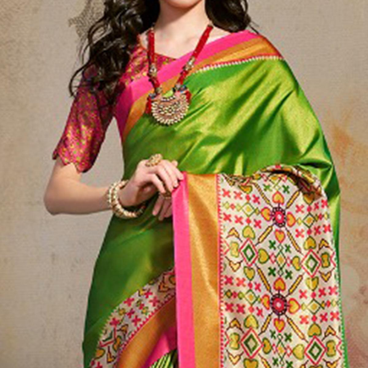 Desirable Green Colored Festive Wear Printed Silk Blend Saree With Tassels - Peachmode