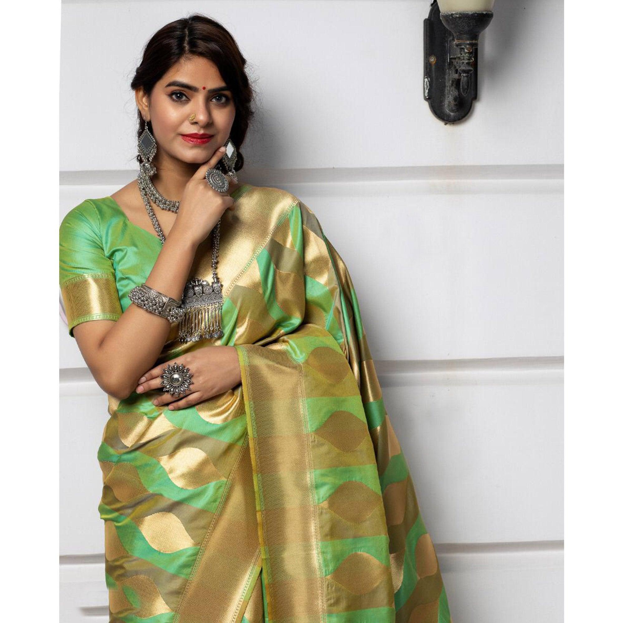 Desirable Green Colored Festive Wear Woven Banarasi Silk Saree - Peachmode