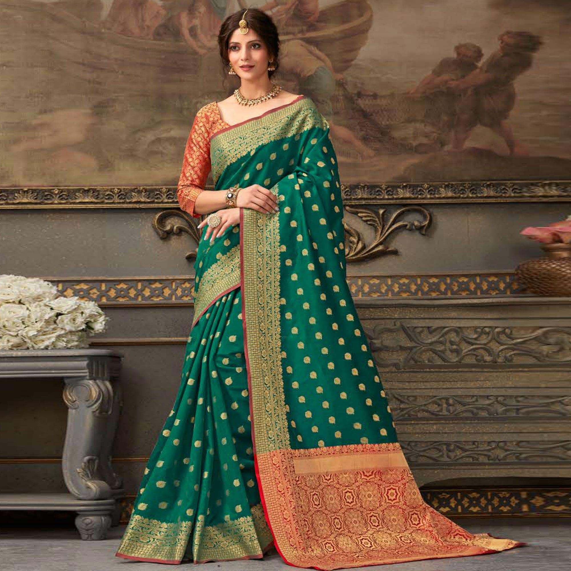 Desirable Green Colored Festive Wear Woven Handloom Silk Saree - Peachmode