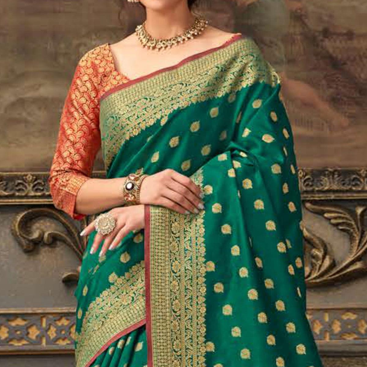 Desirable Green Colored Festive Wear Woven Handloom Silk Saree - Peachmode