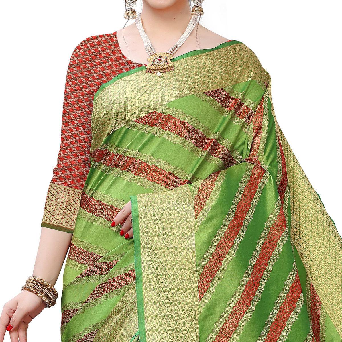 Desirable Green Colored Festive Wear Woven Kanjivaram Silk Saree - Peachmode