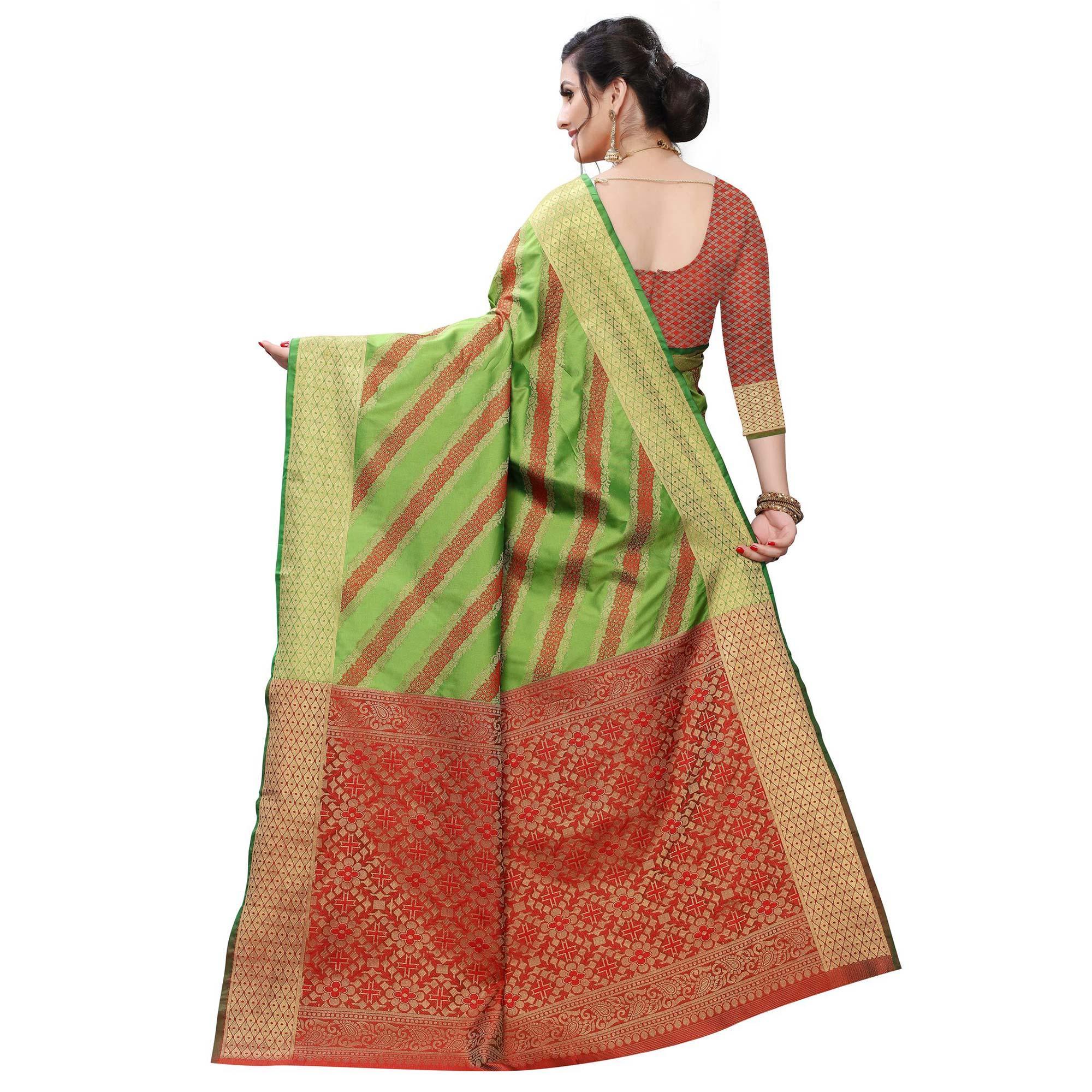 Desirable Green Colored Festive Wear Woven Kanjivaram Silk Saree - Peachmode