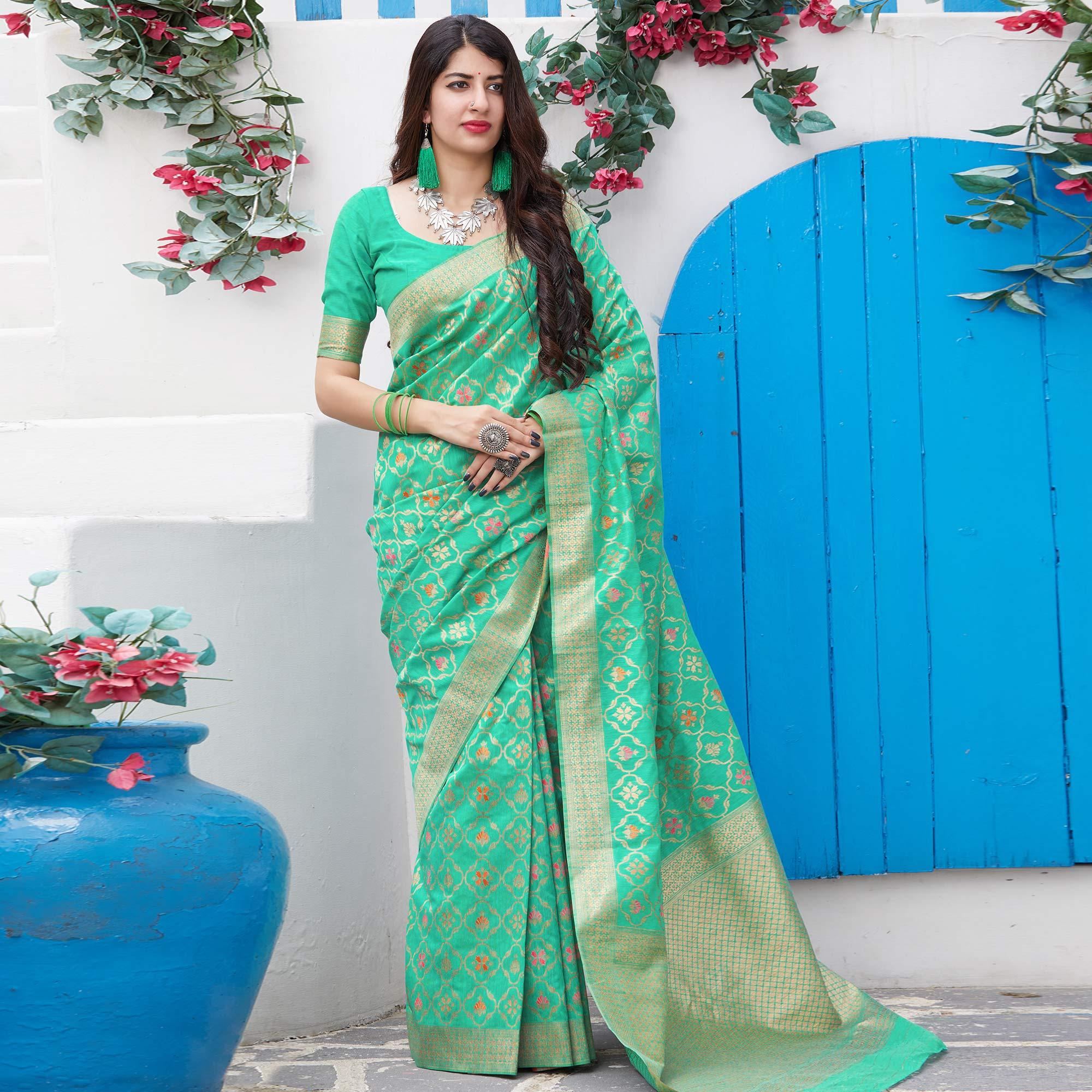 Desirable Green Colored Festive Wear Woven Silk Saree - Peachmode