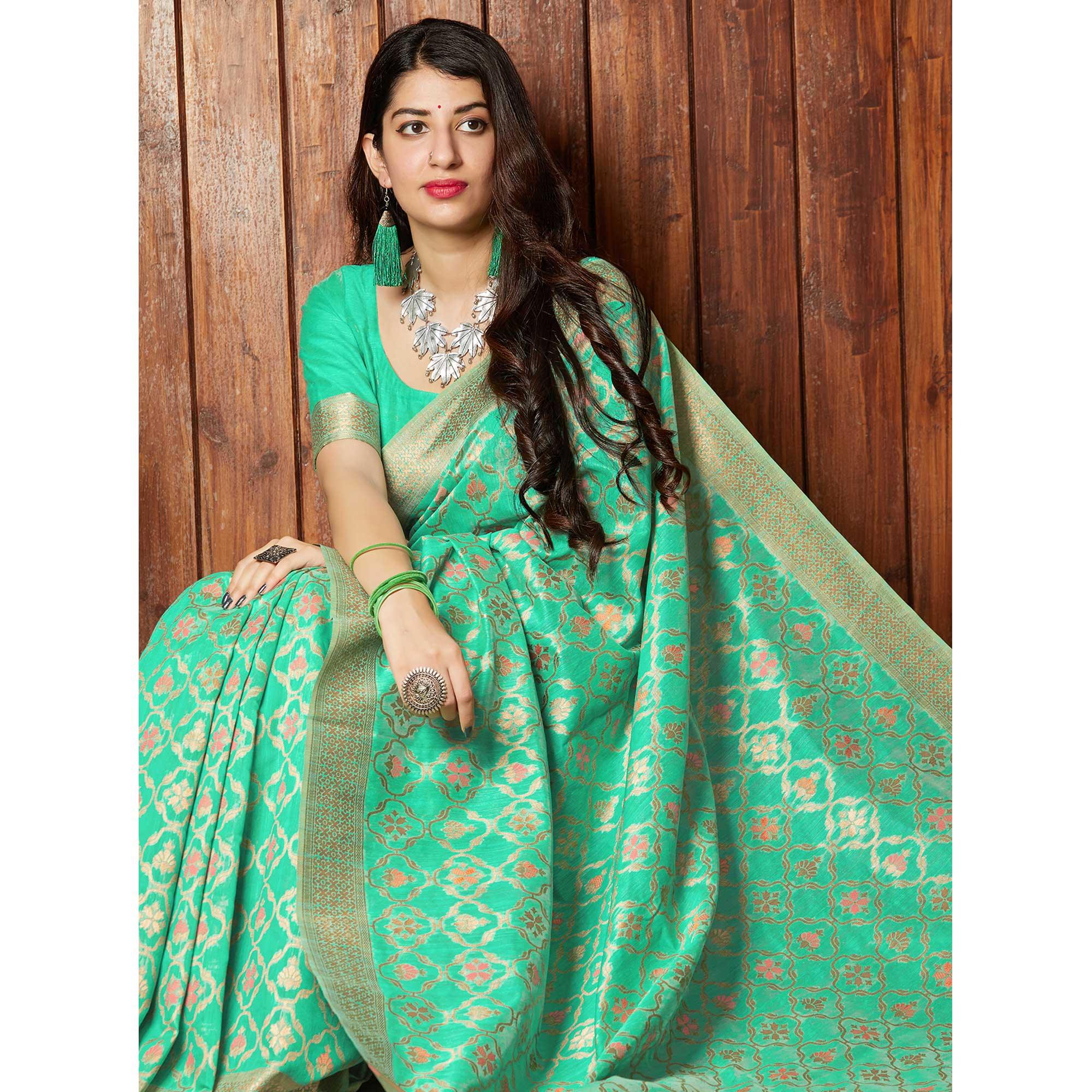 Desirable Green Colored Festive Wear Woven Silk Saree - Peachmode