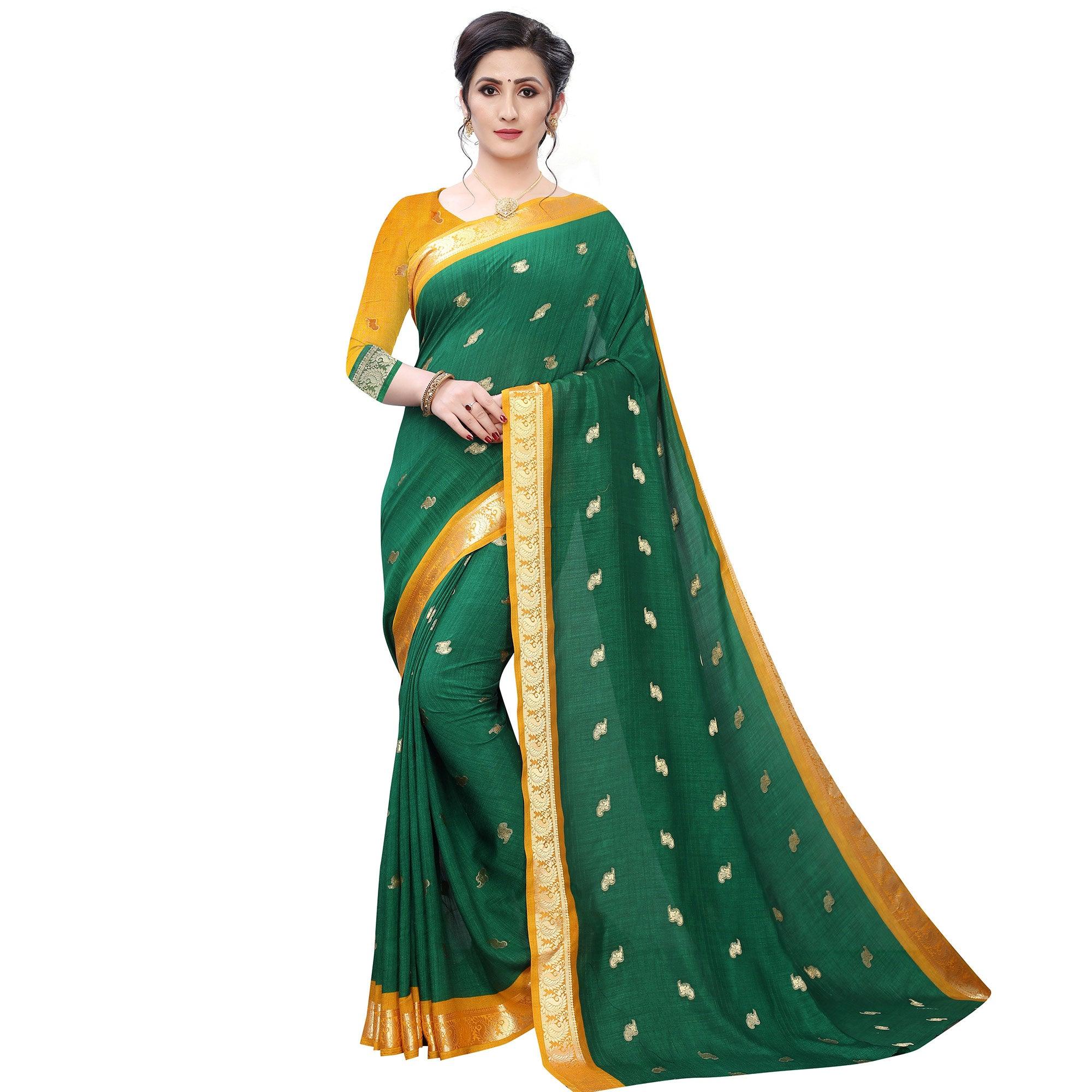 Desirable Green Colored Festive Wear Woven Vichitra Silk Saree - Peachmode