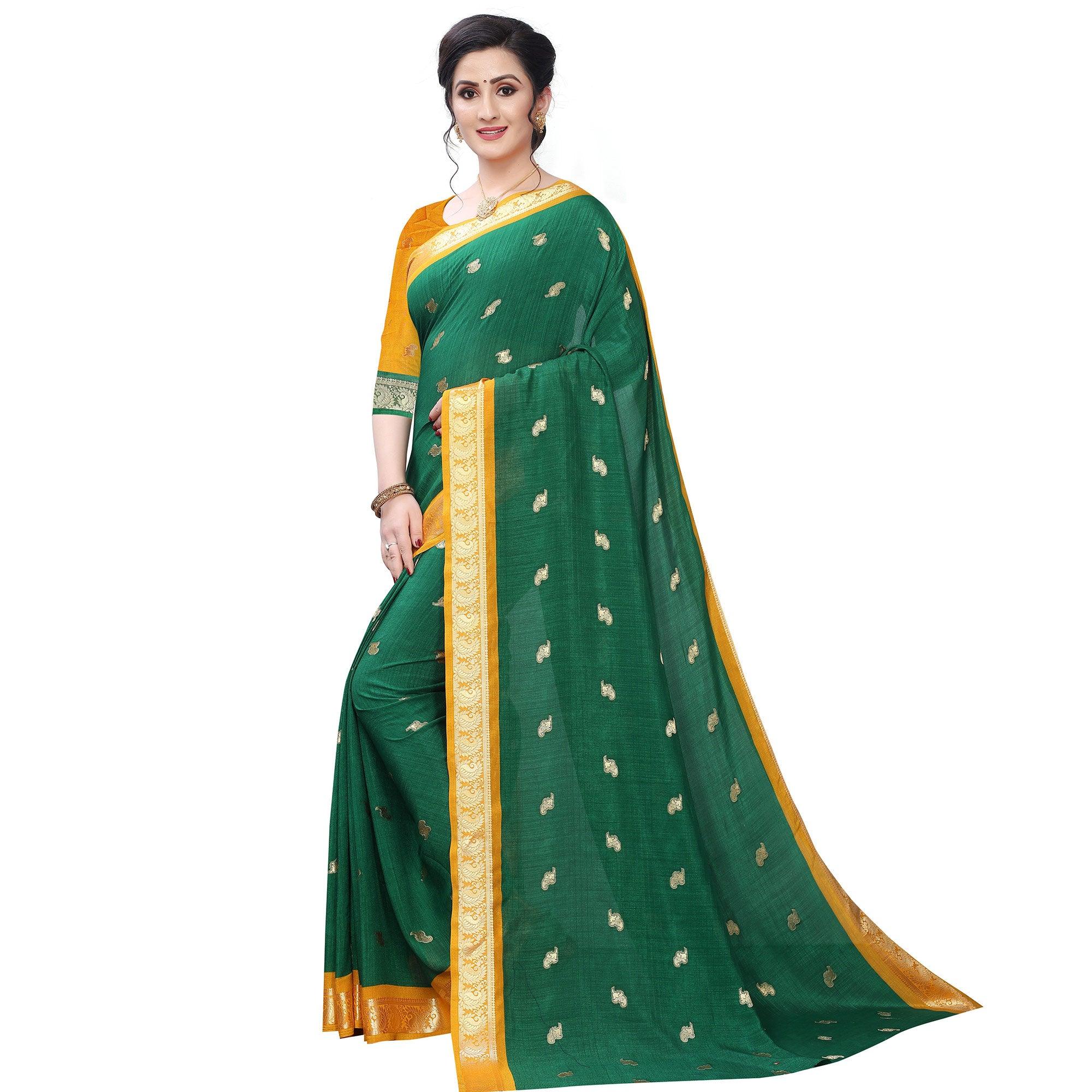 Desirable Green Colored Festive Wear Woven Vichitra Silk Saree - Peachmode