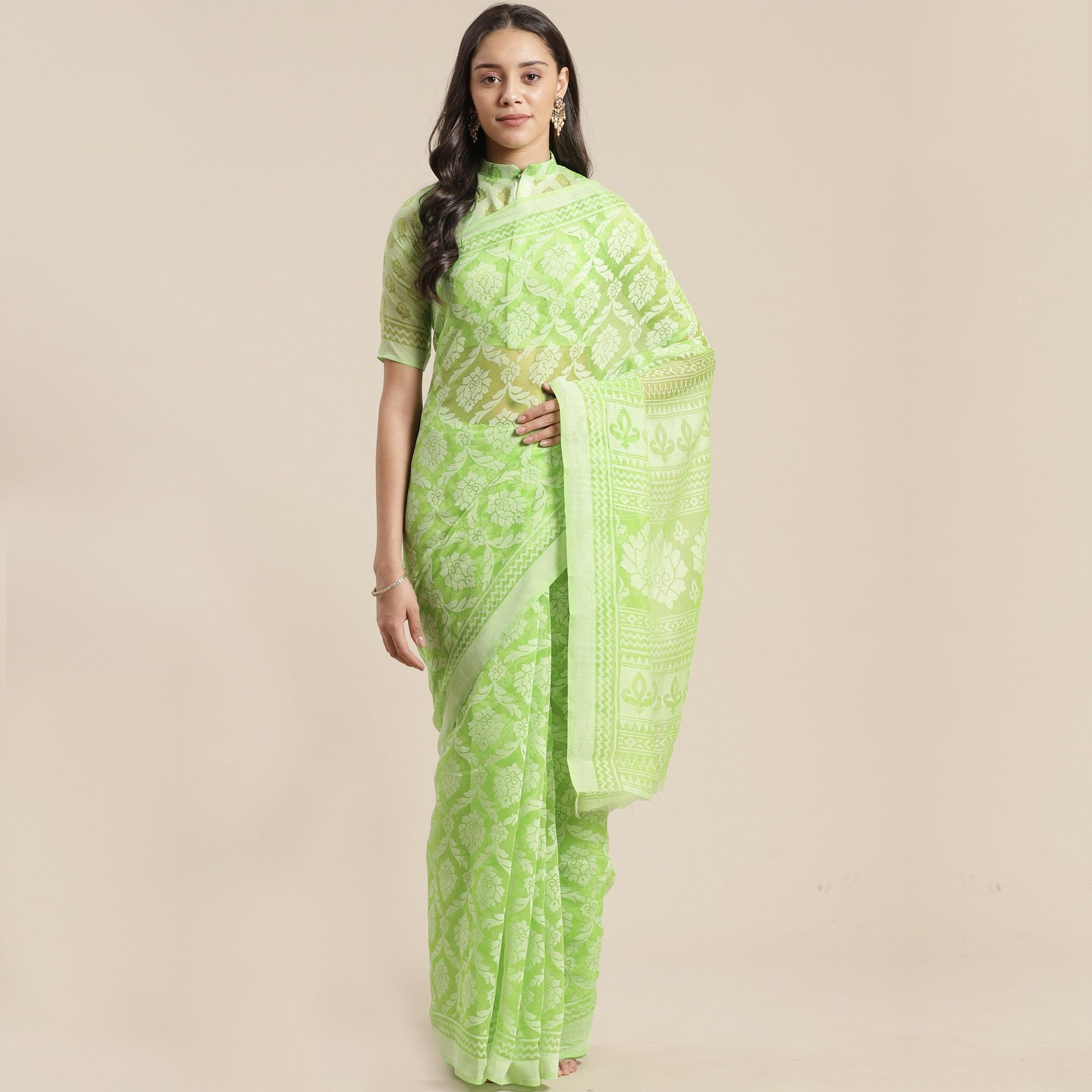 Desirable Green Colored Party Wear Geometric Brasso Saree - Peachmode