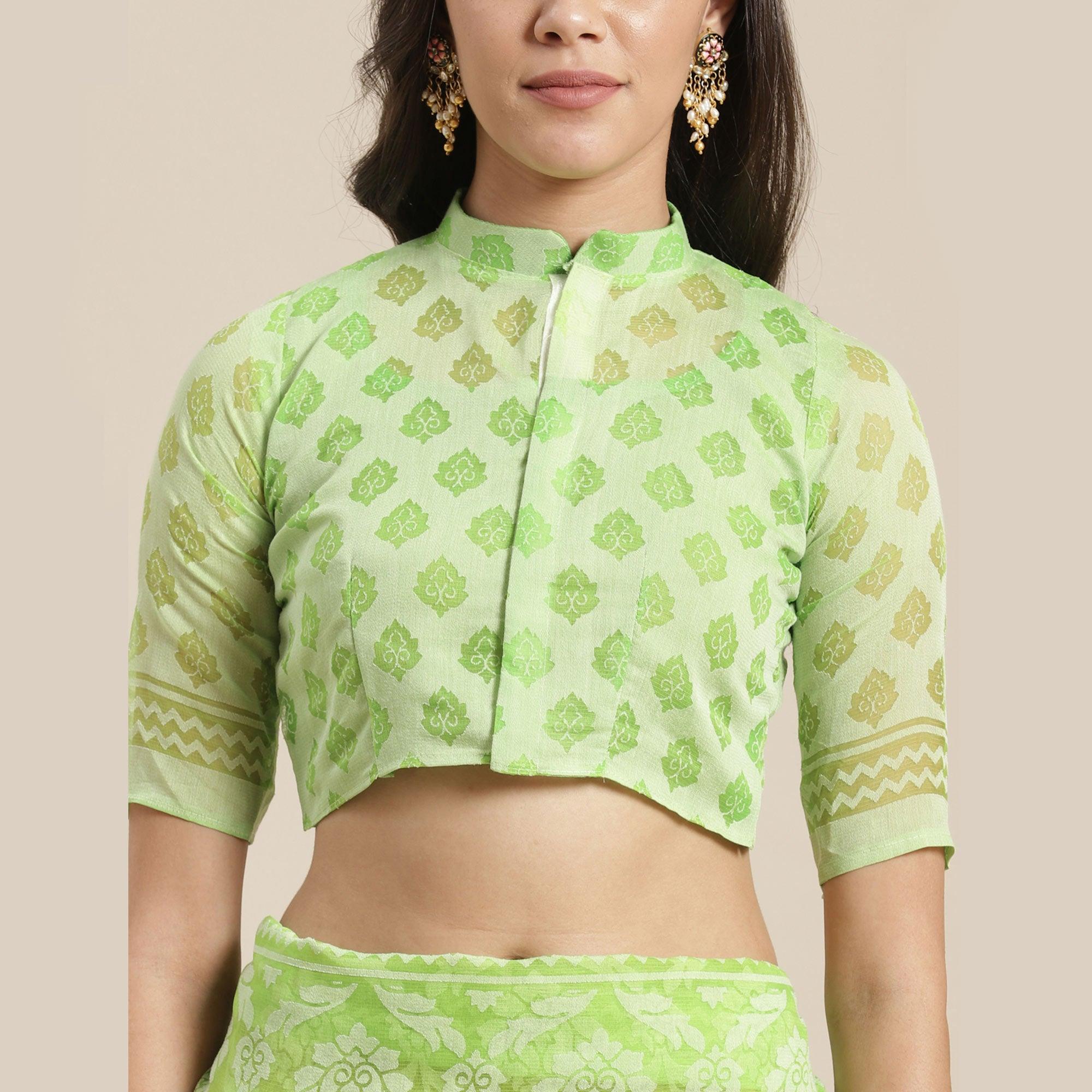 Desirable Green Colored Party Wear Geometric Brasso Saree - Peachmode