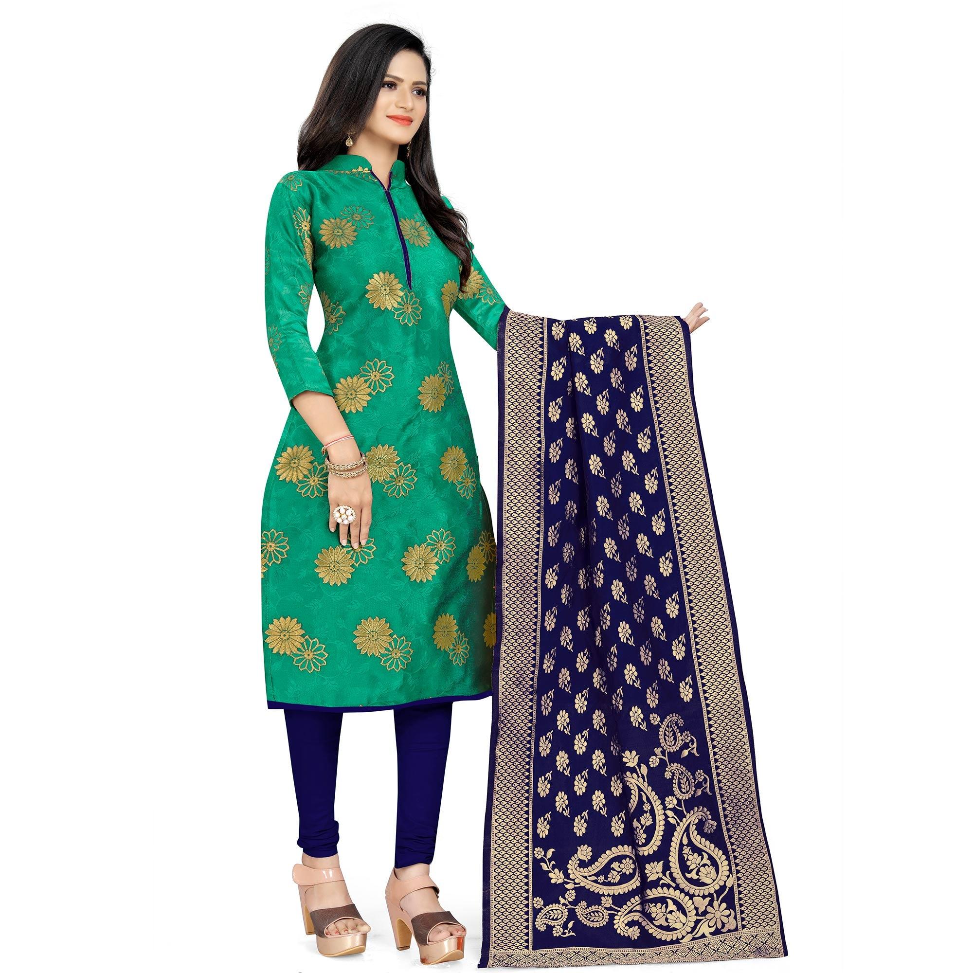 Desirable Green Colored Party Wear Woven Banarasi Silk Dress Material - Peachmode
