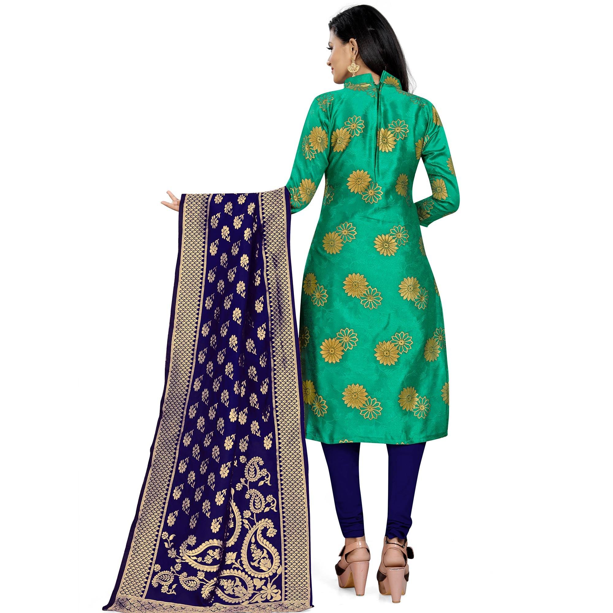 Desirable Green Colored Party Wear Woven Banarasi Silk Dress Material - Peachmode