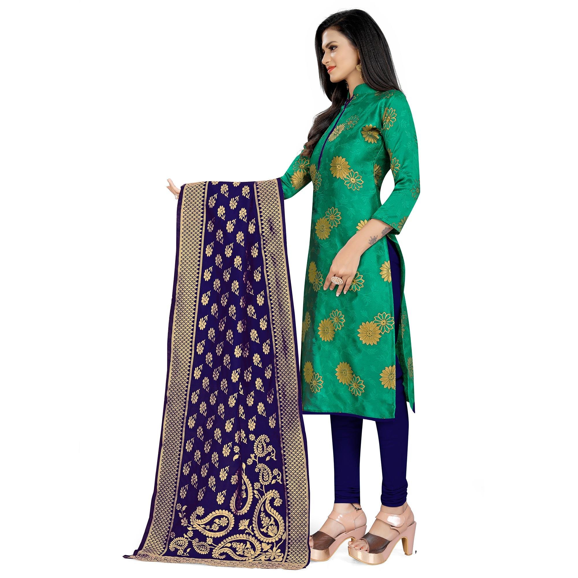 Desirable Green Colored Party Wear Woven Banarasi Silk Dress Material - Peachmode