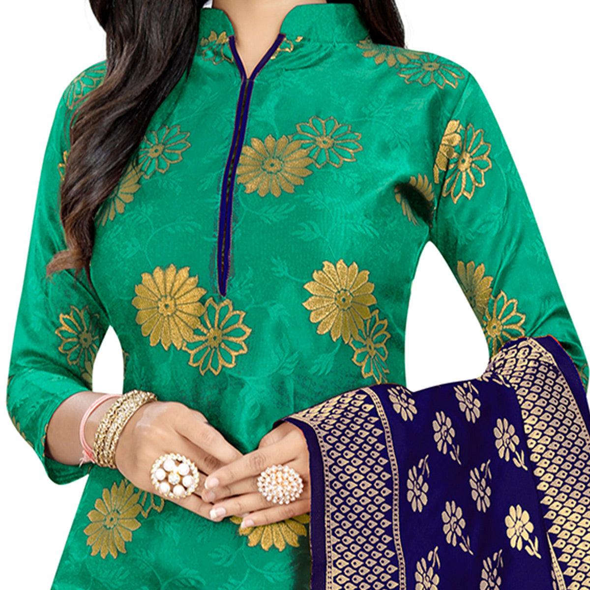 Desirable Green Colored Party Wear Woven Banarasi Silk Dress Material - Peachmode