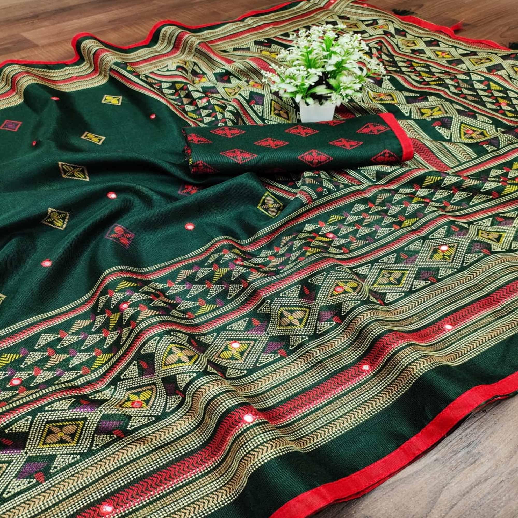 Desirable Green Coloured Casual Wear Printed Cotton Jute Saree - Peachmode
