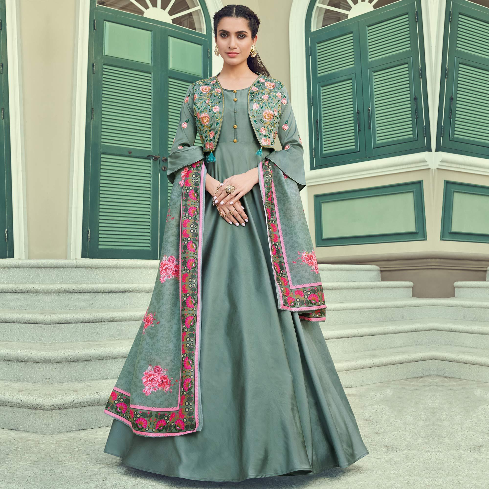 Desirable Green Coloured Embroidered Party Wear Floral Taffeta Gown - Peachmode