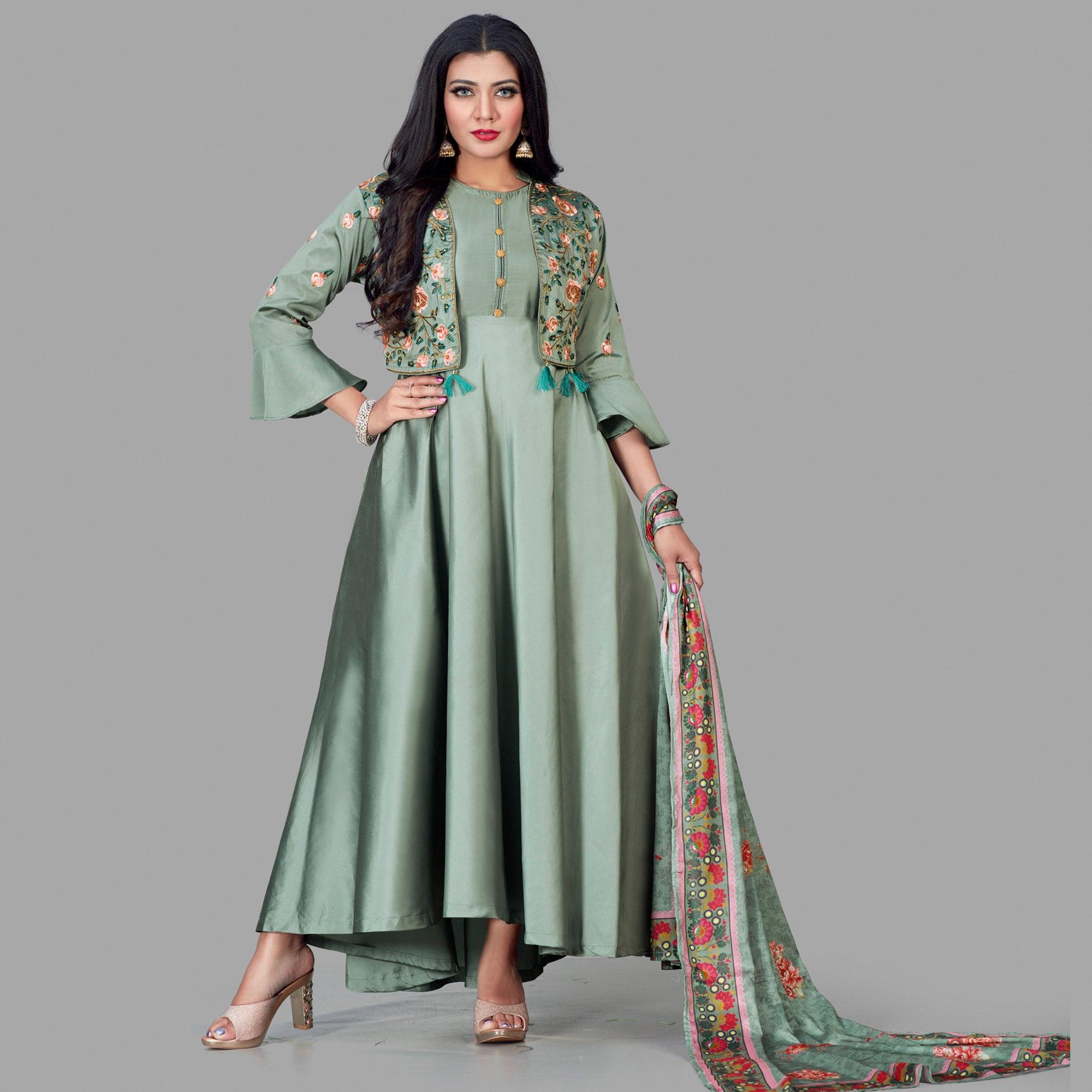 Desirable Green Coloured Embroidered Party Wear Floral Taffeta Gown - Peachmode