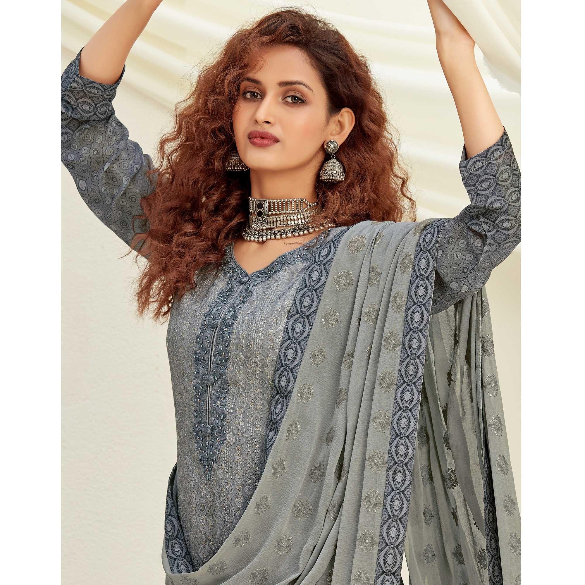 Desirable Grey Colored Embroidered With Digital Printed Partywear Pure Viscose Chinnon Chiffon Palazzo Suit - Peachmode