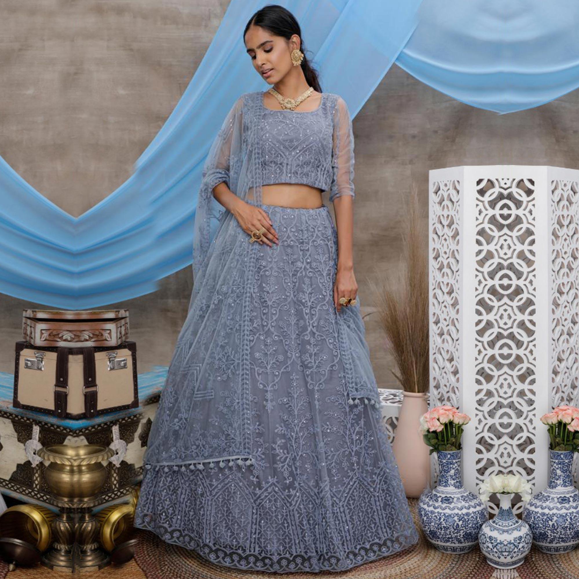 Desirable Grey Colored Party Wear Embroidered Net Lehenga Choli - Peachmode